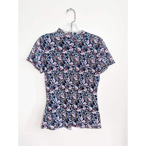 Vince Camuto Mesh Navy Floral Mock Neck SS Top‎ - Picture 1 of 6